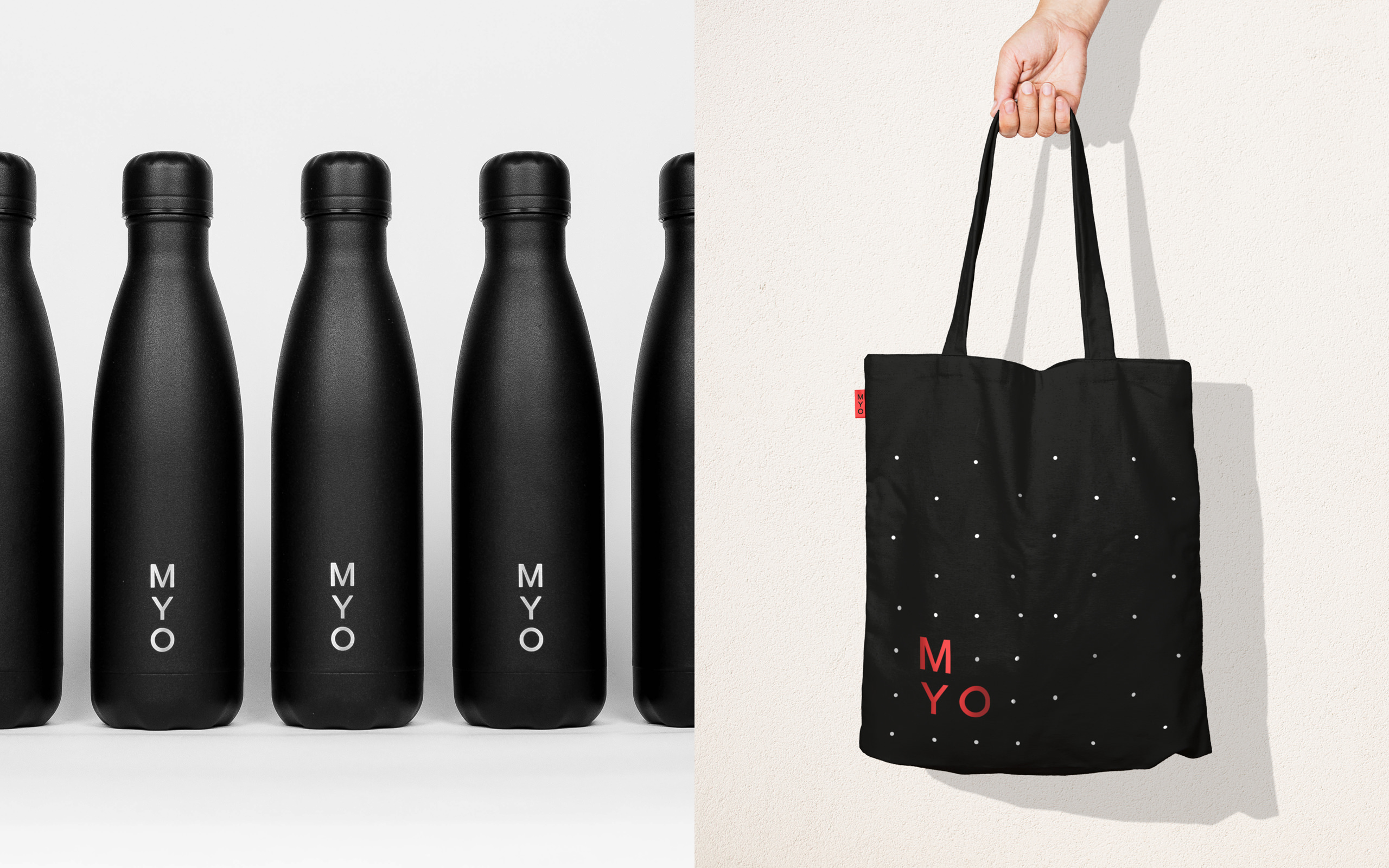 Myo branded bottle and tote bag